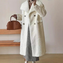 跨境女装冬季爆款毛呢大衣欧美风保暖双排扣长款仿羊羔绒宽松外套