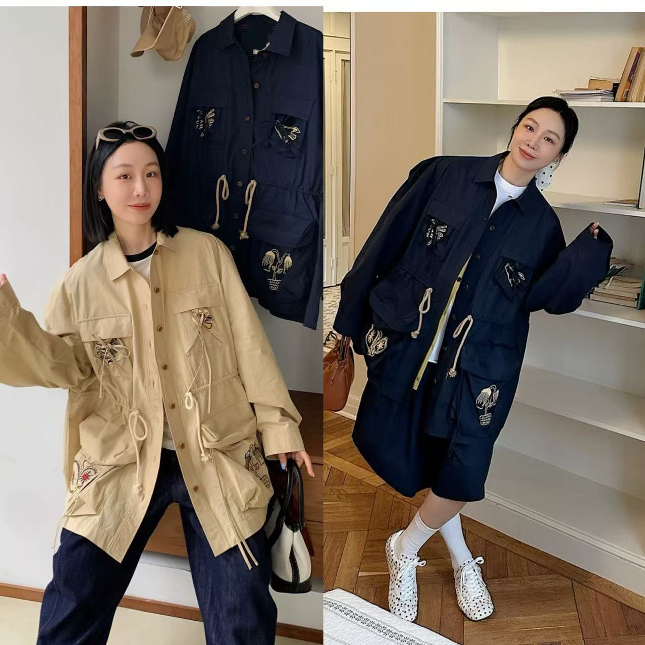 Women's Autumn and Winter Style Trench Coat with Lapel, Large Pockets, Drawstring, Playful Embroidery, Fashionable, Loose-Fitting, Versatile, Mid-Length, Age-Reducing Style