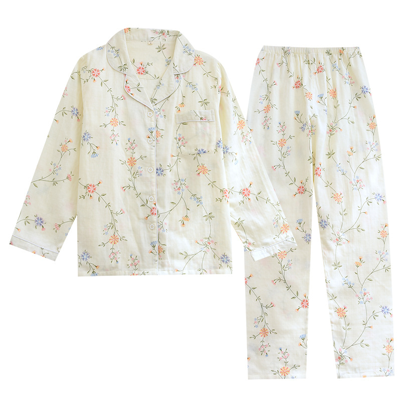 花ガーゼセットパジャマ女性長袖綿ガーゼセット春夏クレープ薄い家庭服