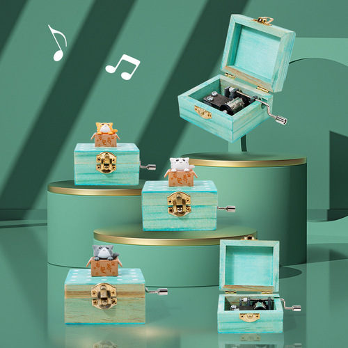 Birthday gift for best friend, cute cartoon wooden kitten hand-cranked music box, Sky City Music Box