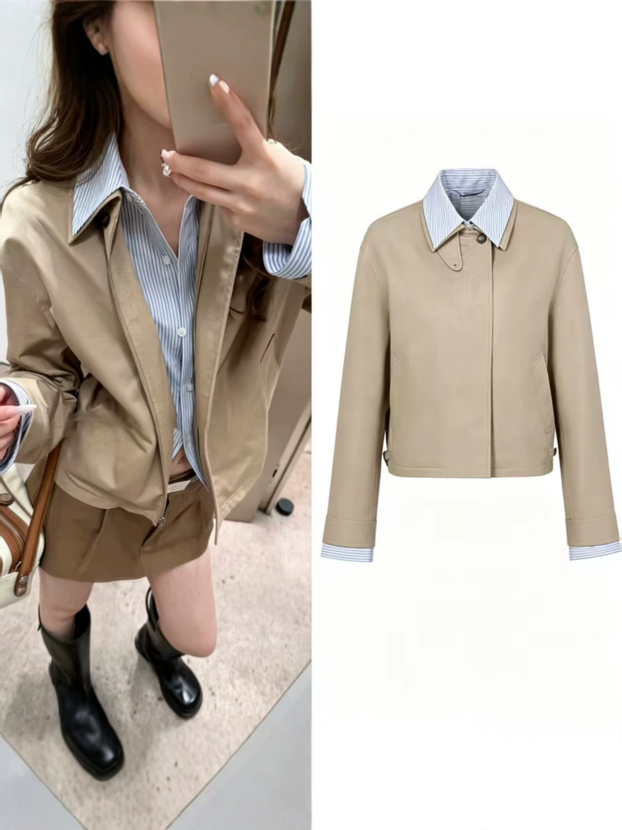AC fake two-piece 26r patchwork lapel jacket for women, new spring and autumn casual versatile zippered color-block top