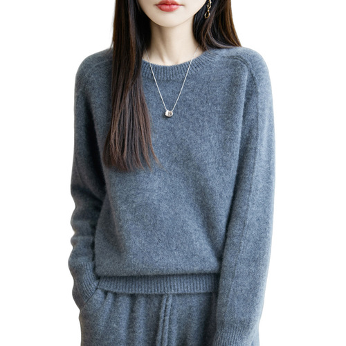 Soft waxy warm wool sweater for women, 100 pure wool autumn and winter new round collar loose solid color knitted sweater base shirt