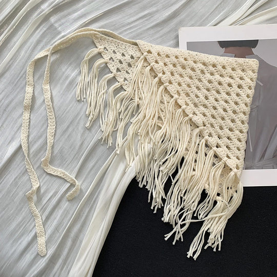 Woven Turban Summer Women's Pastoral Spring and Summer Tie with Hollow Triangle Scarf Waist Matching Apron Tassel Fart Curtain Stacked