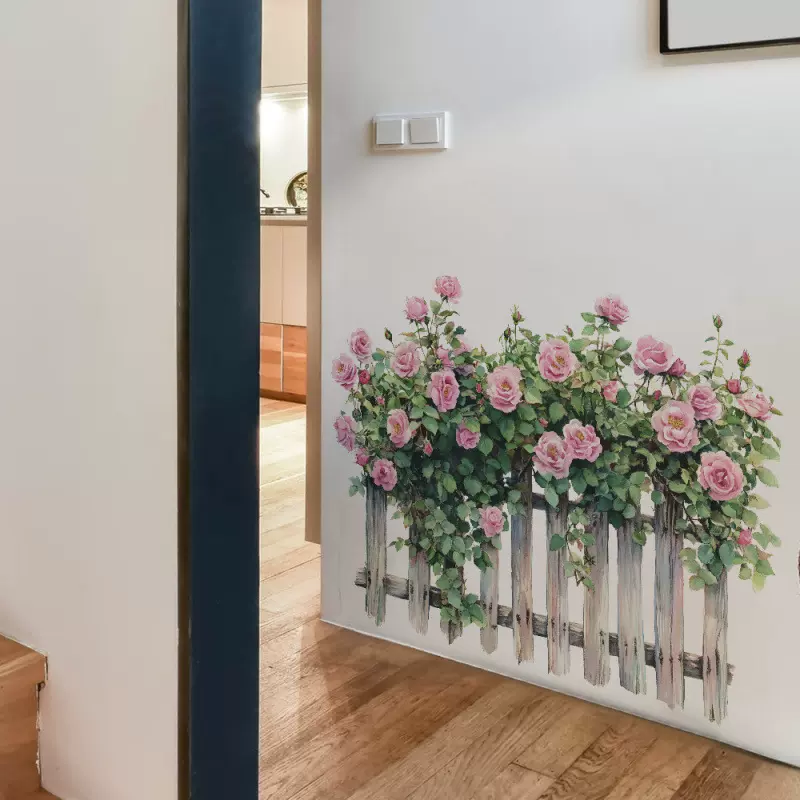 蔷薇花朵栅栏卧室客厅玄关衣柜家居装饰墙贴墙纸自粘批发PVC