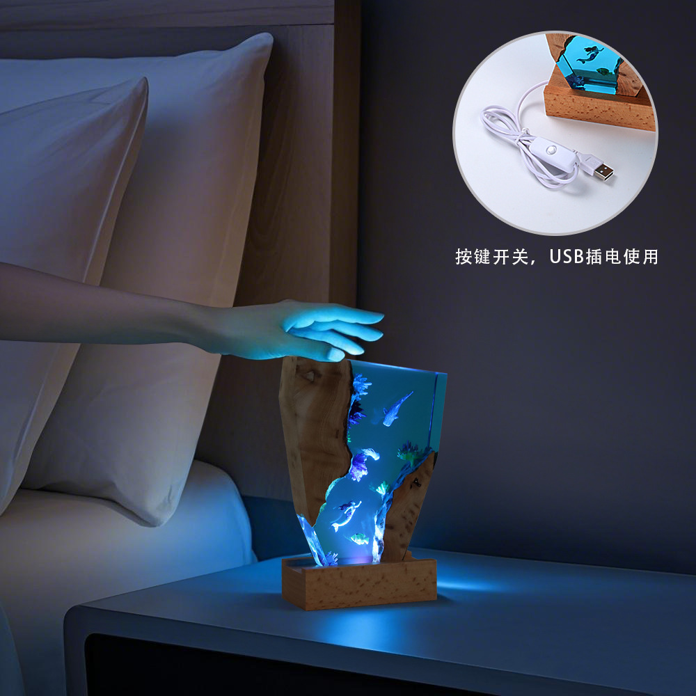 Mermaid and Jellyfish Ocean Micro Landscape Resin Night Light Epoxy and Wooden Ornaments Creative Gift