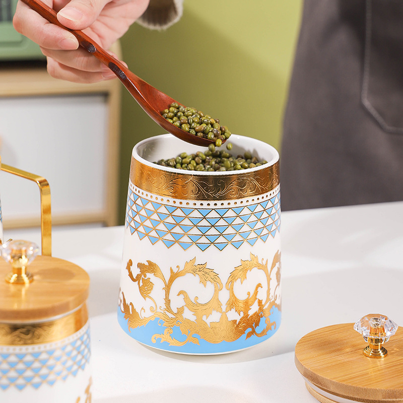 Juego de caja de condimento de comercio exterior de exportación frasco de condimento creativo con estante frasco de sellado de cerámica de lujo ligero frasco de almacenamiento de cocina