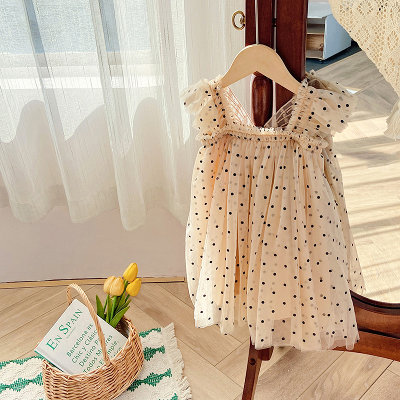 Estilo coreano manga voladora alas tridimensionales vestido de niña 2024 verano polka dot bebé niña vestido de malla mullido vestido de princesa