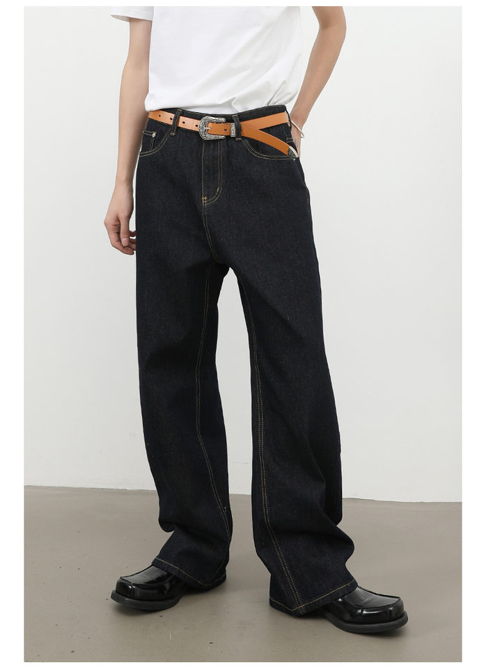 Quần jean nam ống rộng lưng giữa form suông thoải mái phong cách cơ bản — Denim đen, màu xanh denim chi tiết 19