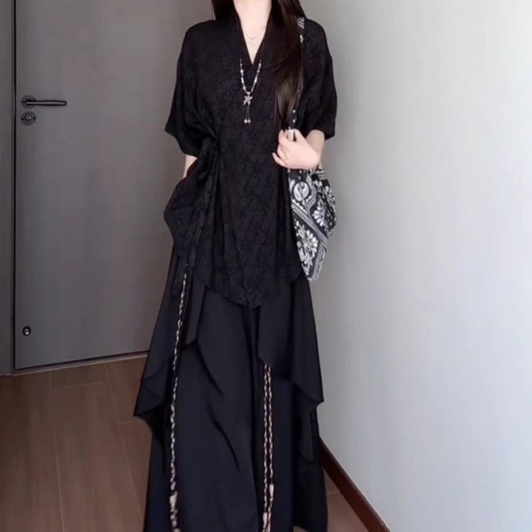クールでスタイリッシュな漢服夏の新しい中国風レトロニッチシャツとワイドレッグカジュアルパンツのツーピースセット|undefined