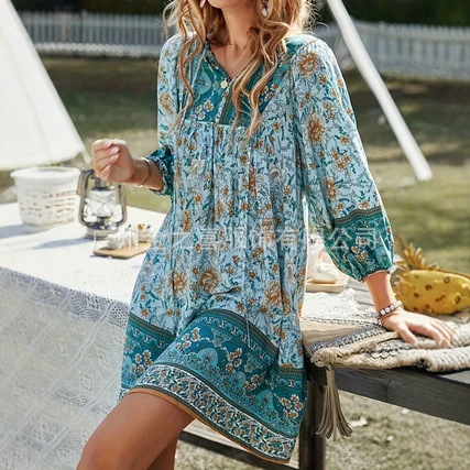 Women's Summer Mini Dress Long Sleeve Boho Floral Print Dress Casual Dress Women's Summer Mini Dress Long Sleeve Boho Floral Print Dress Casual Dress