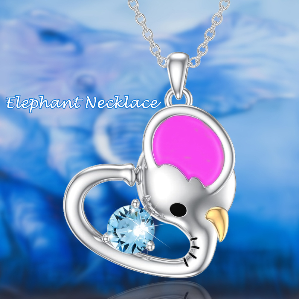 Collana con ciondolo a forma di elefante con grandi orecchie rosa e zircone blu semplice e adorabile, tendenza alla personalità, regali per bambini_voghion.com