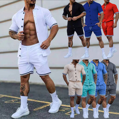 2022 Cross-border International Trade Men's Summer New Pure Color Collar Button-down Short-sleeve Shorts Open Top Sportswear Set Men Fashion