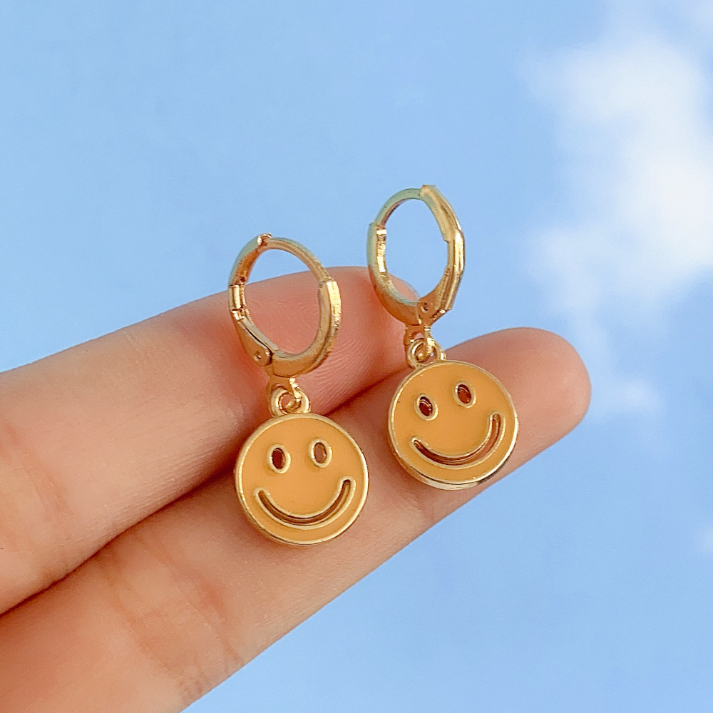 Europe and America Cross Border New Personalized Creative Smiley Face Earrings Fashion Hollowedout DoubleSided Multicolor Smiley Face Ear Clip Accessories Jewelrypicture5