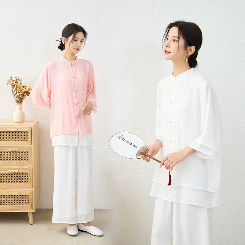 Новинка Весна/Лето 2025: Винтажный этнический костюм из хлопка и льна в стиле Дзен с воротником-стойкой, топом с рукавами три четверти и длинными брюками на резинке для женщин