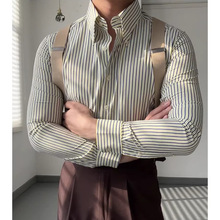 春季新品型男日常复古长尖领条纹衬衫休闲商务修身宽角领衬衣男