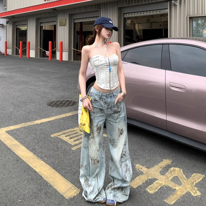 Spring and Summer Slim-Fit Outerwear Fishbone Strapless Top + Cool and Trendy Loose-Fitting Floor-Length Wide-Leg Jeans for Women