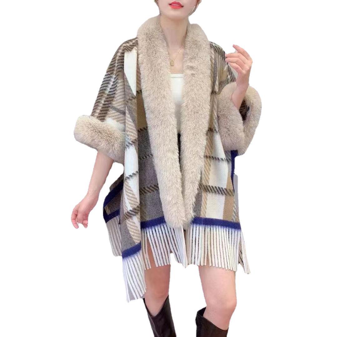 Lockerer Wollkragen mit kariertem Quasten-Strickschal-Umhang in großer Größe, Strickjacke, Pullover, Mantel für Damen_voghion.com