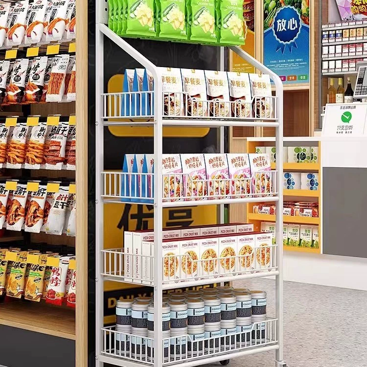 Стеллаж для закусок Интернет-знаменитости небольшой супермаркет продуктов питания и напитков Мобильная полка круглосуточный магазин касса многослойная витрина