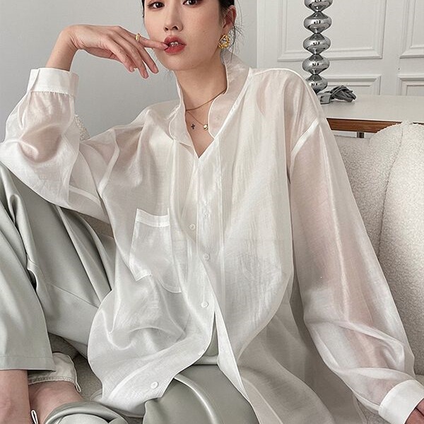 French-Style Tencel White Shirt, Sun-Protective Chiffon Blouse for Women, Summer Slightly Sheer Long-Sleeve Shirt, Unique Top Jacket