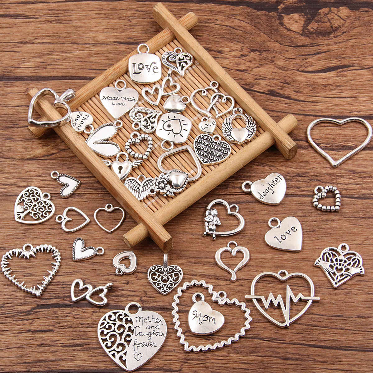 A variety of cross-border ancient silver love pendant geometric hollow letters angel wings flowers love tree charm pendant