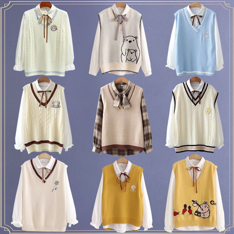 College Style Sweater Knitted Vest Shirt Vest Two-Piece Set High School Junior High School Student Fashion Girl Single/Set