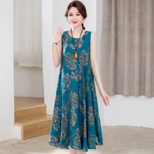 2025新款中老年棉绸连衣裙女夏季气质中年妈妈夏装过膝人造棉裙子