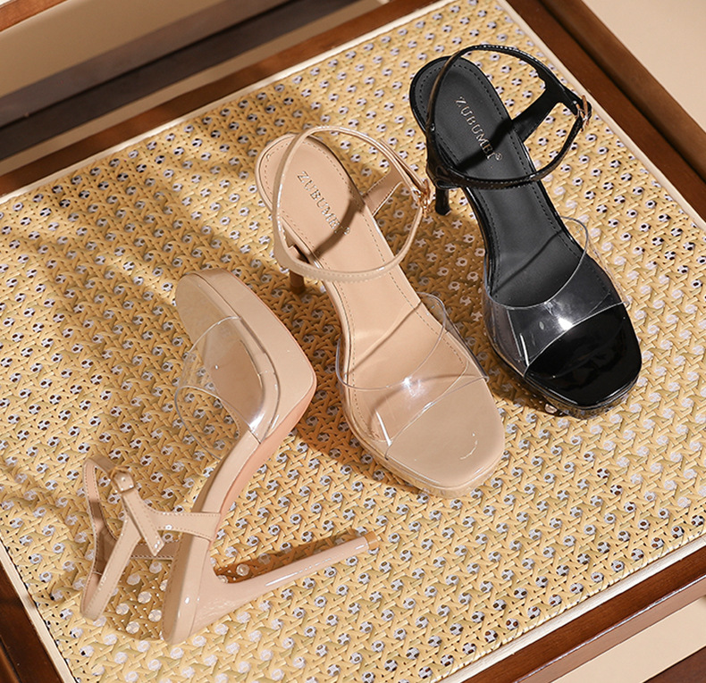 Sandal cao gót nữ mũi vuông quai một dây trong suốt, gót nhọn đế platform 14 cm — Hồng nude-14cm chi tiết 9