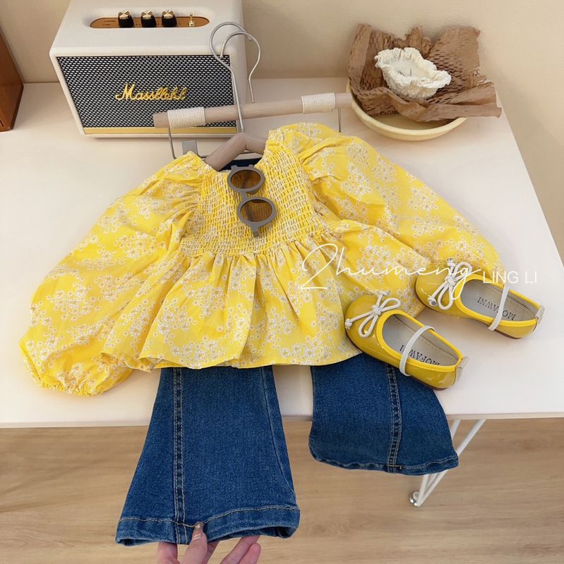 Tongxingyuan Korean-Style Children's Clothing 2026 Spring and Autumn Outfit for Girls, Yellow Floral Puff Sleeve Top, Children's Chanel-Style Set
