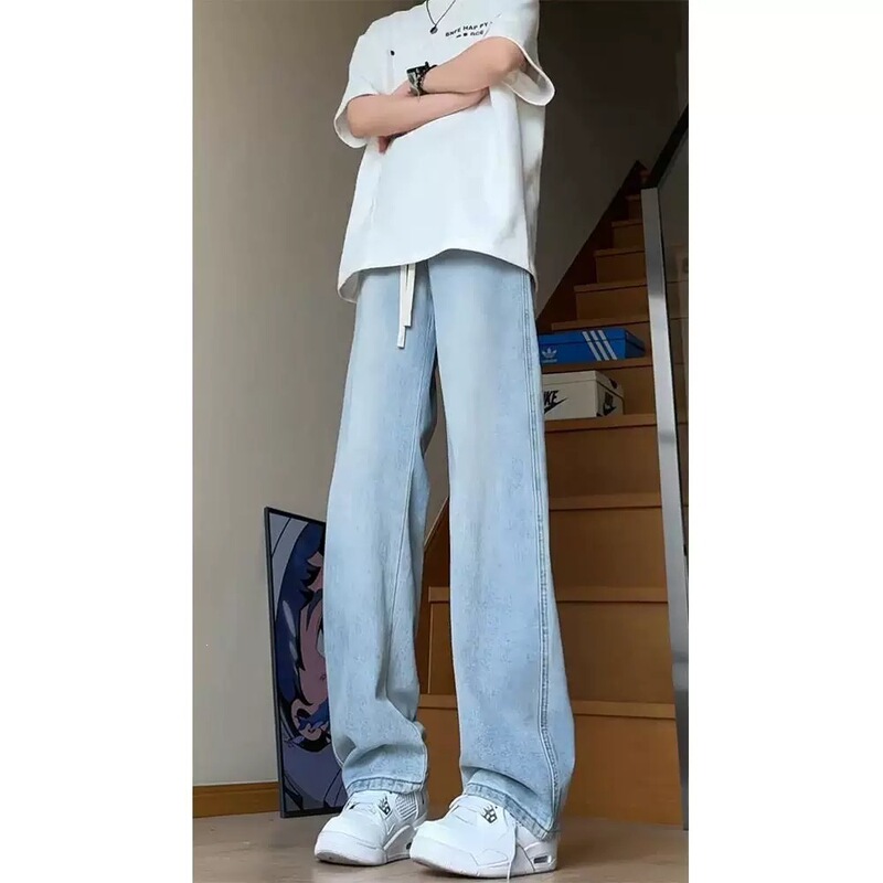 Light-Colored Ice Silk Jeans for Men, Summer Thin Style, Suitable for Teenagers, Middle School and High School Students, Elastic Waist, Straight Loose Fit Pants