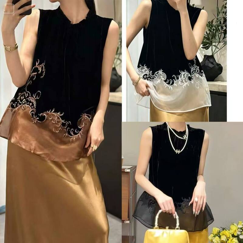 Nanyou Three-Color New Chinese-Style Silk Velvet Embroidered Beaded Sleeveless Top with a Vintage Elegant Casual Versatile Shirt
