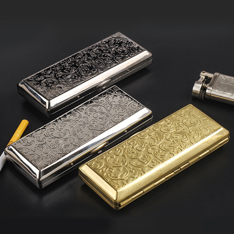 Double-gun fine cigarette case 14 sticks long Tang grass pattern men's and women's fine cigarette portable metal compact cigarette clip storage box