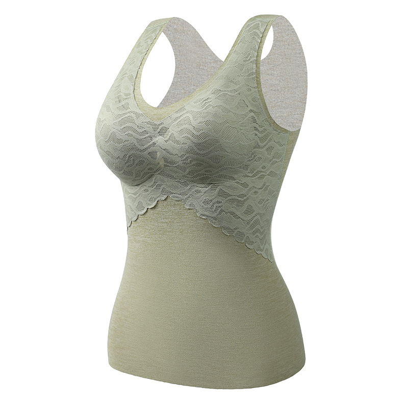 Ropa interior térmica de seda autocalentadora de terciopelo sin costuras para mujeres con almohadilla en el pecho engrosada chaleco térmico de terciopelo de encaje interior