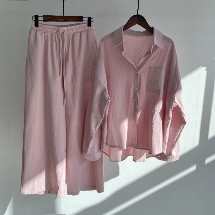 Women's Clothing Women's Retro Plus Size Cotton Linen Shirt Set High Waisted Loose Fitting Trousers Two Piece Set 20 Colors_ecoleips.com
