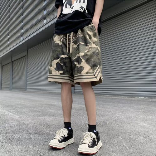 American retro embroidered camouflage denim cargo shorts men's summer fashion brand loose five-point casual basketball sweatpants