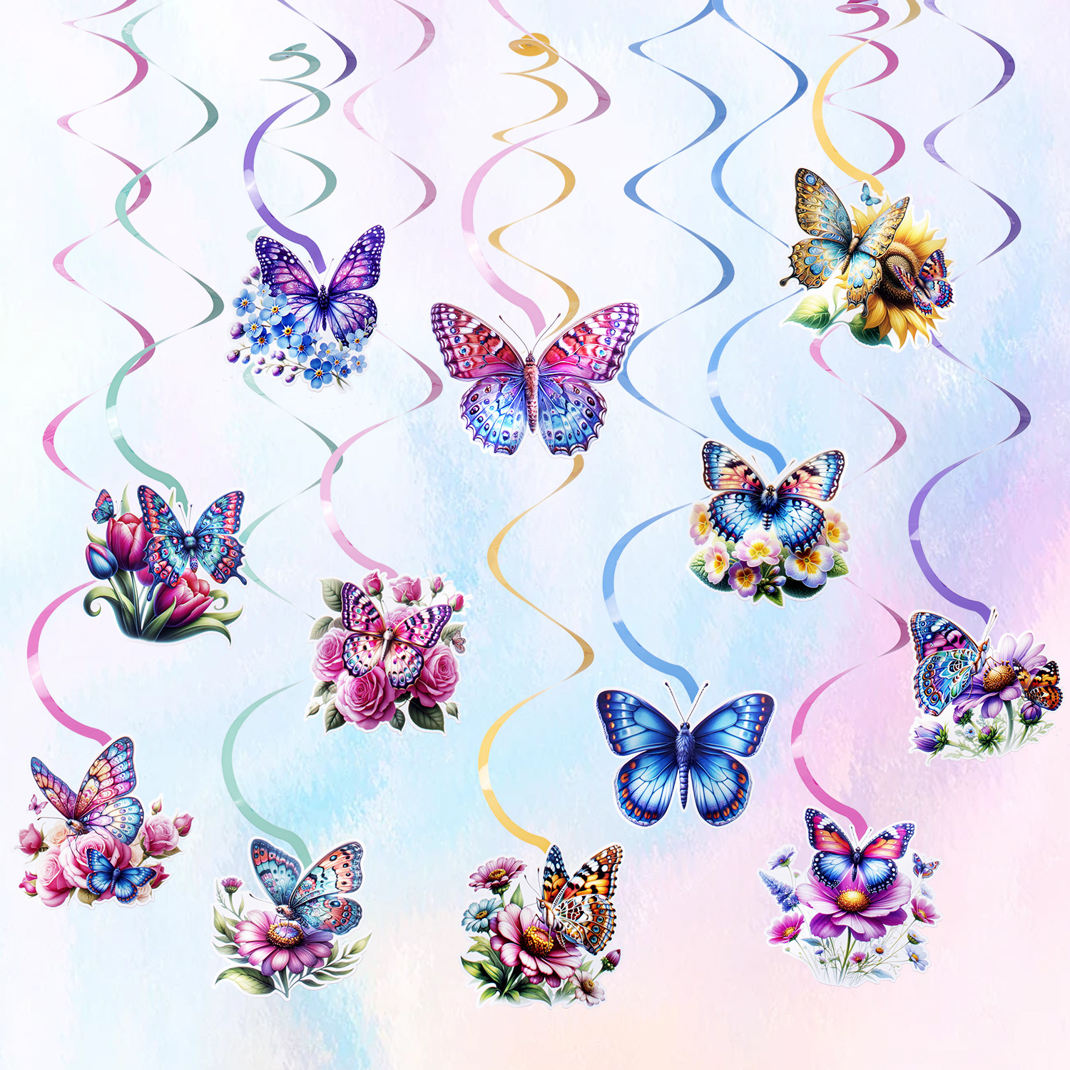 Cross-Border Butterfly and Flower Themed Spring Birthday Party Decoration Hanging Ornaments Spring Holiday Supplies Spiral Hanging Decorations