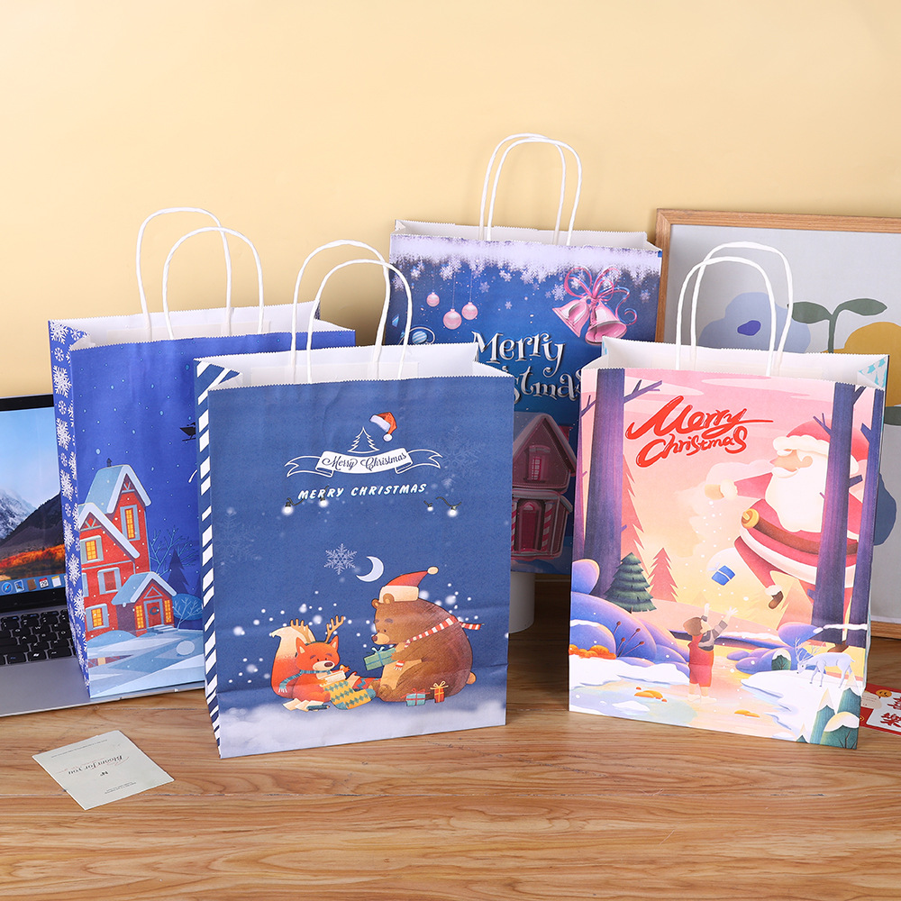 跨境圣诞节牛皮纸袋礼品包装袋派对糖果手提购物袋圣诞礼袋批发