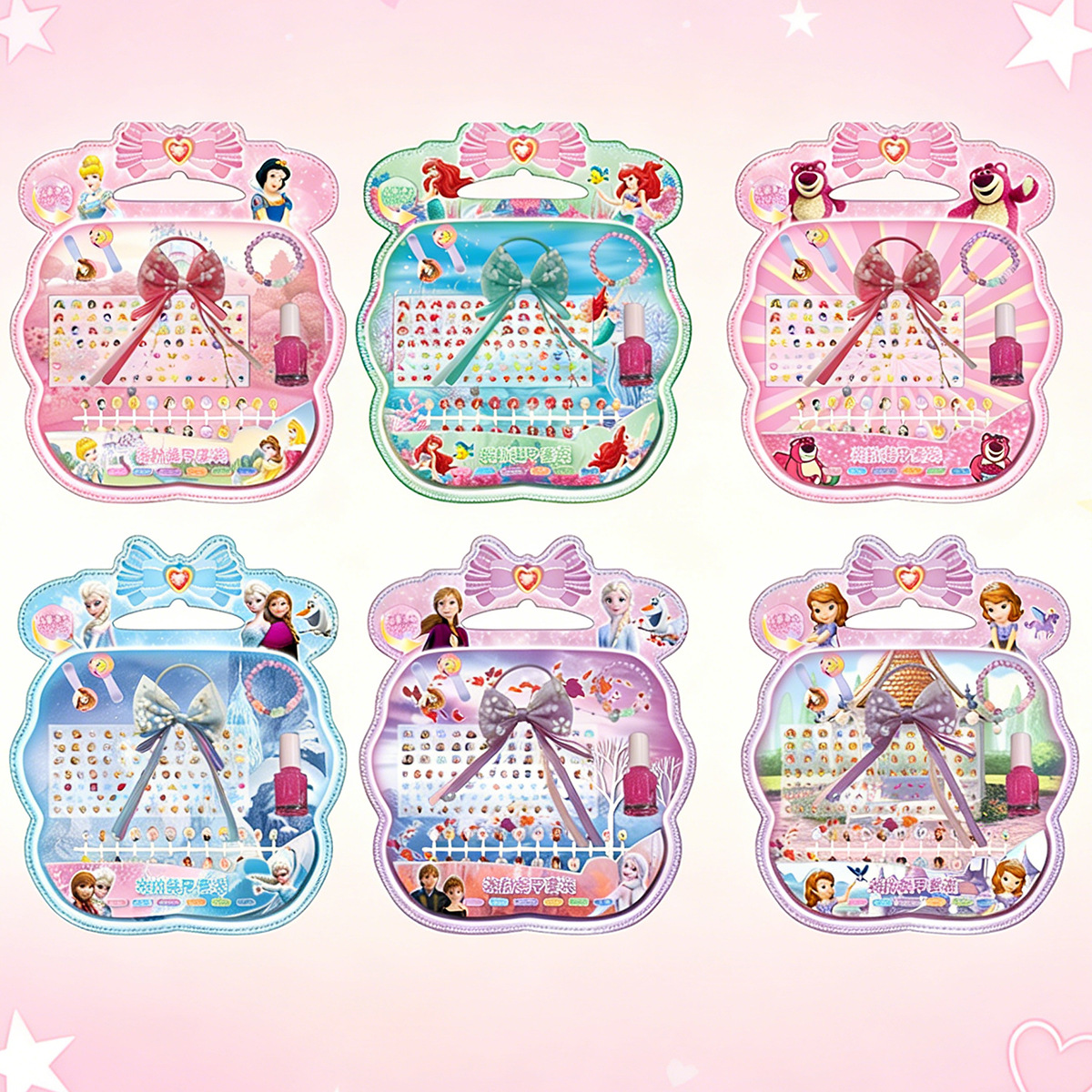 Caricatura portátil de niños parches de uñas cuerdas de cabello pulseras esmalte de uñas regalos para niñas vestidos conjunto completo de manicuras