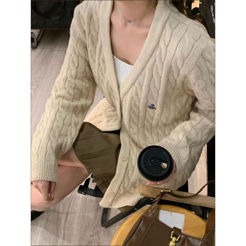 秋冬羊绒开衫女针织领韩版宽松显瘦刺绣学院风大码羊毛毛衣外套|undefined