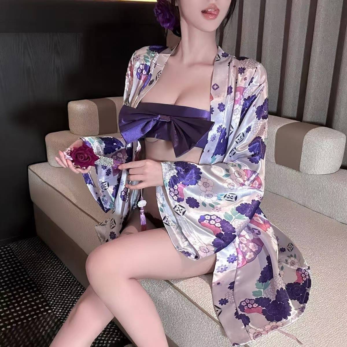 Cherry Blossom Kimono Maid Lingerie Set with Obi Belt and Purple Panties — detail image 4