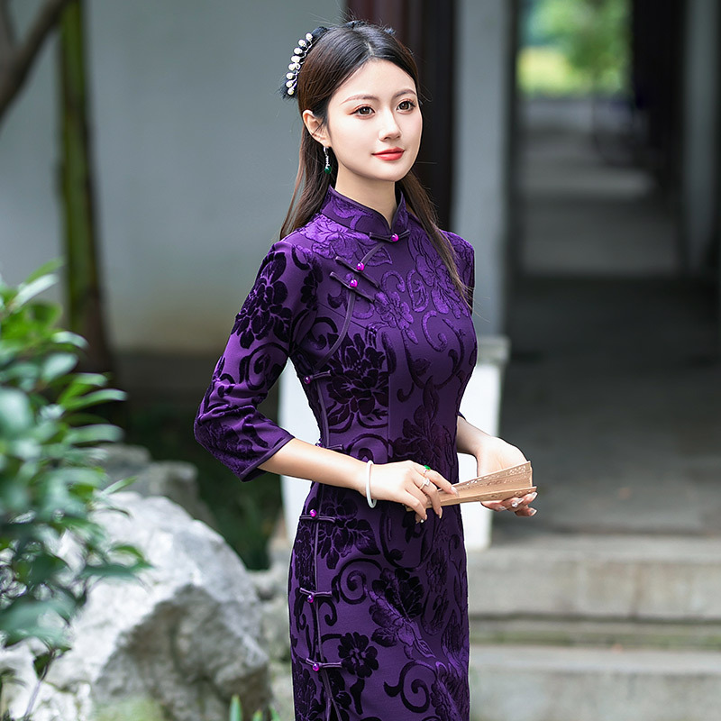 紫色長袖媽媽裝國風中式長款改良旗袍2025新款年輕款女復古春秋裝