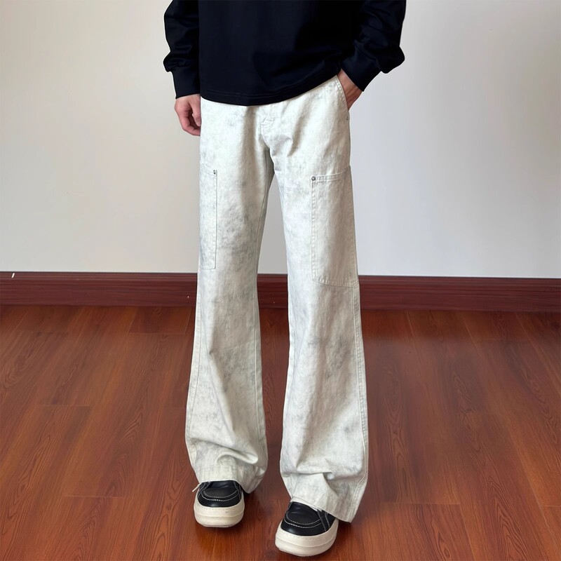 Marble Pattern Cargo Pants Men's American Retro Logging Pants High Street Straight Slim Cleanfit Jeans