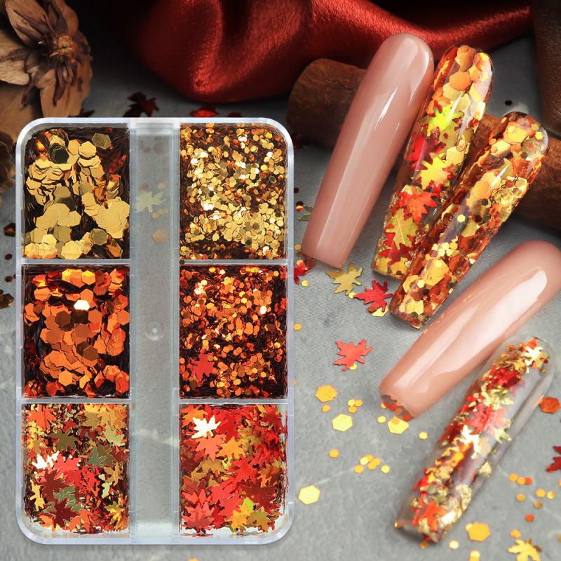 Golden Autumn 6-Grid Maple Leaf Nail Art Sequin Accessories Sparkling Orange Red Mixed Sequins European and American Christmas Accessories Cross-Border