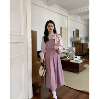 假两件方领拼接连衣裙女春秋2026新款设计感长款背心裙