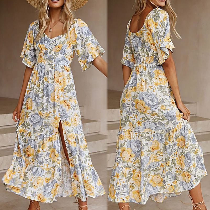 printing V-neck short-sleeved high-waist slit dress nihaostyles clothing wholesale NSZH81600