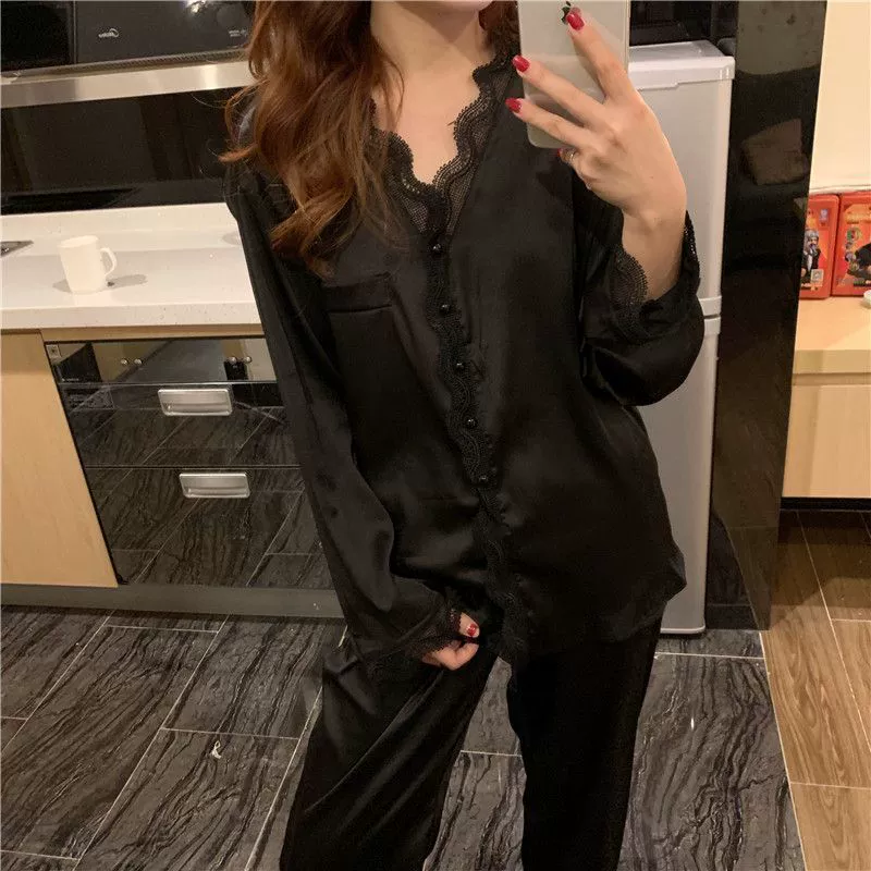 Женский шёлковый пижамный комплект, корейский стиль, длинные рукава с кружевом, 2 предмета (чёрный/белый) M–XXL