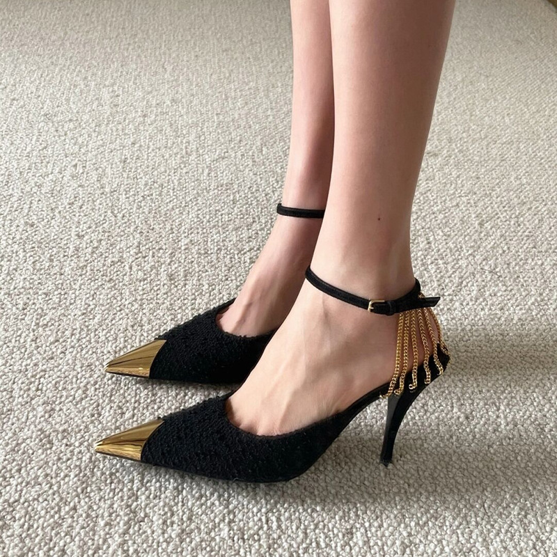 2023 spring and summer new black high heels sexy pointed gold iron toe stiletto heel shoes fairy sandals women