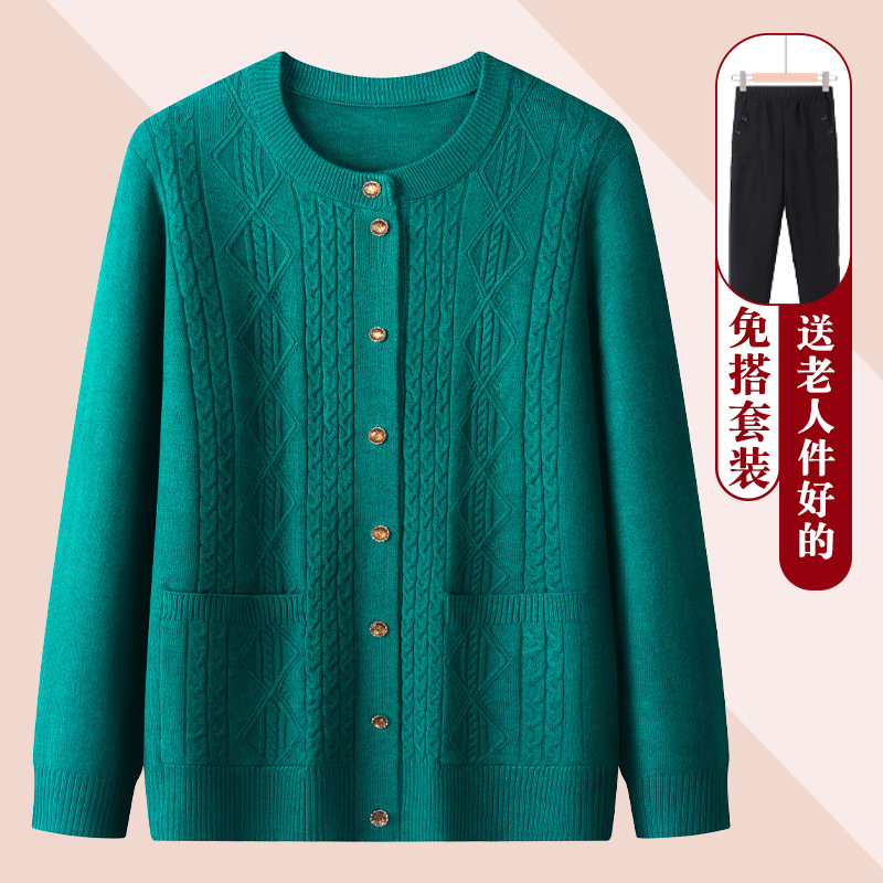 Spring Mom Sweater Cardigan Solid Color Single Breasted Knitwear for the Elderly Granny Round Neck Sweater Coat Granny Dress