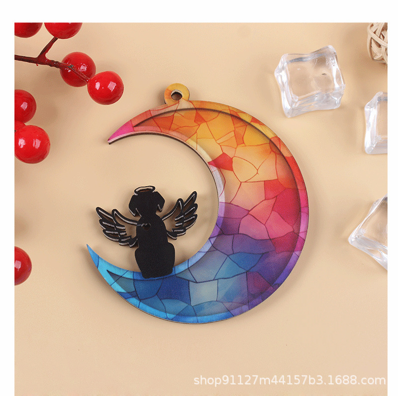 Stained Glass Personalized Dog Cat on the Moon Window Hanging Memorial Gift Halloween Christmas Decoration
