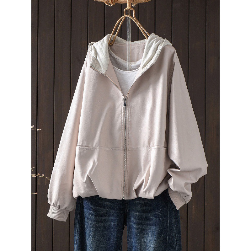 Retro artistic hooded leather jacket for women, autumn 2026 new casual loose-fitting jacket, versatile leather coat top