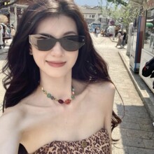 王鹤棣杨紫款暴家同款猫眼太阳镜显脸小墨镜女独特无框一片式镜面